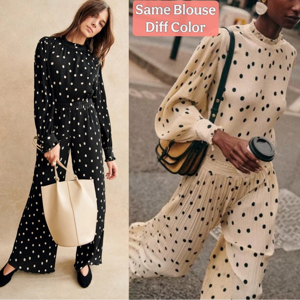 SEZANE Black White Polka Dot Print Pleated Chiffon Blouse High Neck RosalindaTop